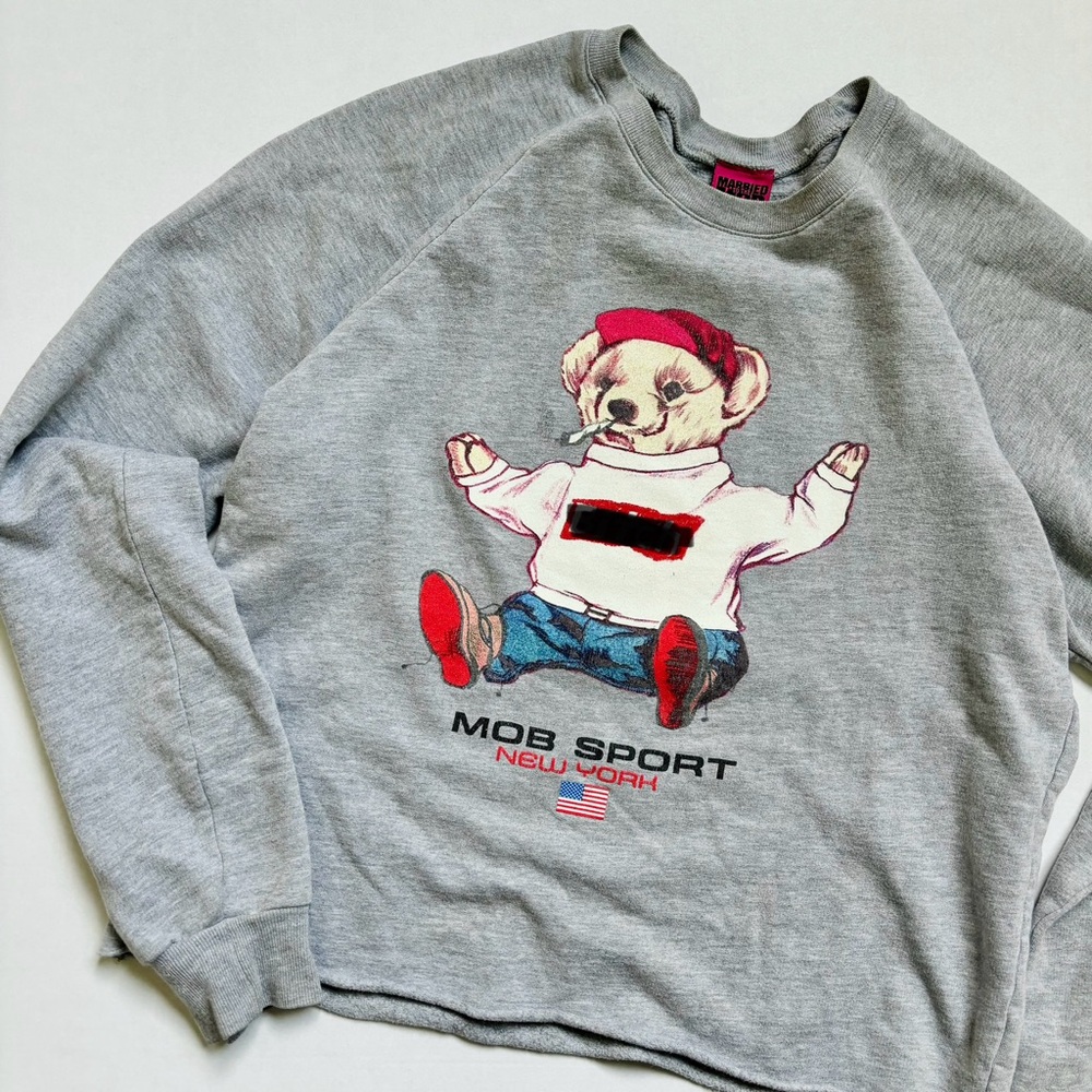 Teddy Bear Graphic Grey Crewneck Sweater Made in USA